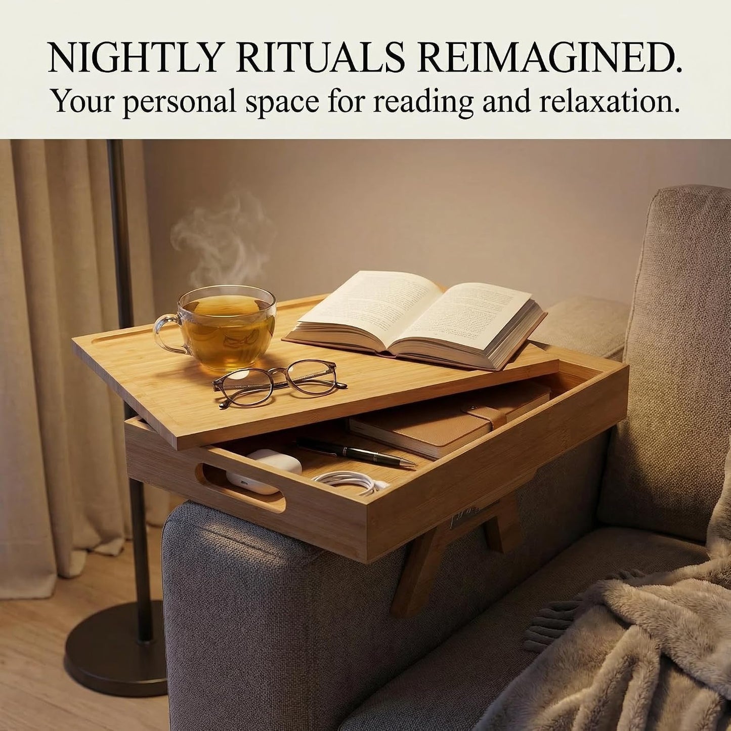 Premium Bamboo Sofa Arm Tray with 360° Swivel Lid & Phone Holder | 3-in-1 Couch Armrest Table with Hidden Storage for Drinks, Snacks, Remote (lid)