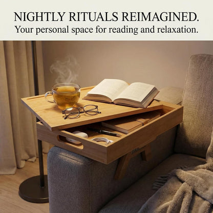 Premium Bamboo Sofa Arm Tray with 360° Swivel Lid & Phone Holder | 3-in-1 Couch Armrest Table with Hidden Storage for Drinks, Snacks, Remote (lid)