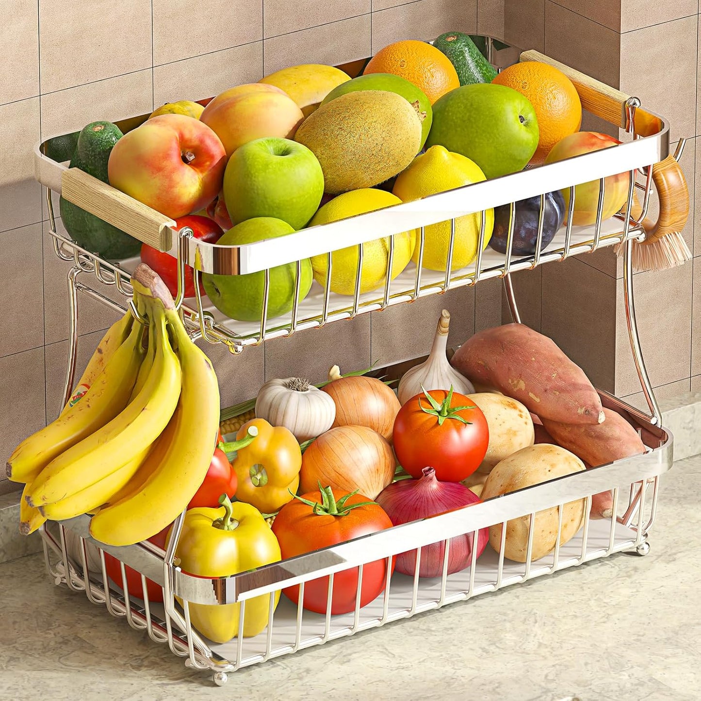 Sevenblue 2 Tier Large Fruit Basket for Kitchen Counter with 2 Mobile Banana Hangers, 2026 Pro Detachable Metal Fruit Bowl with Wooden Handle, Fruit Holder for Bread Snack Veggies with Protective Mats