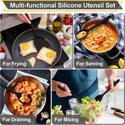 P&P CHEF Kitchen Utensil Set, 4 Pieces Non-stick Silicone Cooking Utensils, Heat-resistant Slotted Solid Spoon Turner for Frying, Mixing, Serving, Non-toxic & Easy to Clean, Blue