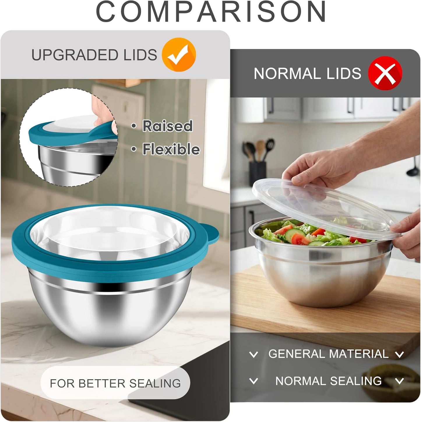 HaWare Mixing Bowls with Airtight Clear Lids, 6-Piece Stainless Steel Strong Nesting Bowls Set, Metal Salad Bowl for Cooking, Prepping, Baking, Serving & Food Storage, Size 4.6, 3, 1.5QT, Khaki
