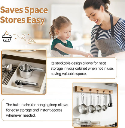 YC Kitchen Measuring Cups and Spoons Set, 8-Piece, Stainless Steel | Metal Handles, Stackable Design, for Dry and Liquid Ingredients - Dishwasher Safe for Cooking & Baking