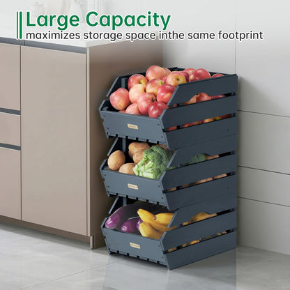 HABAU Wood Potato Onion Storage Bins - Wooden Stackable Produce Basket - Fruit Vegetable Storage for Kitchen Pantry Organization, Set 3 Pieces
