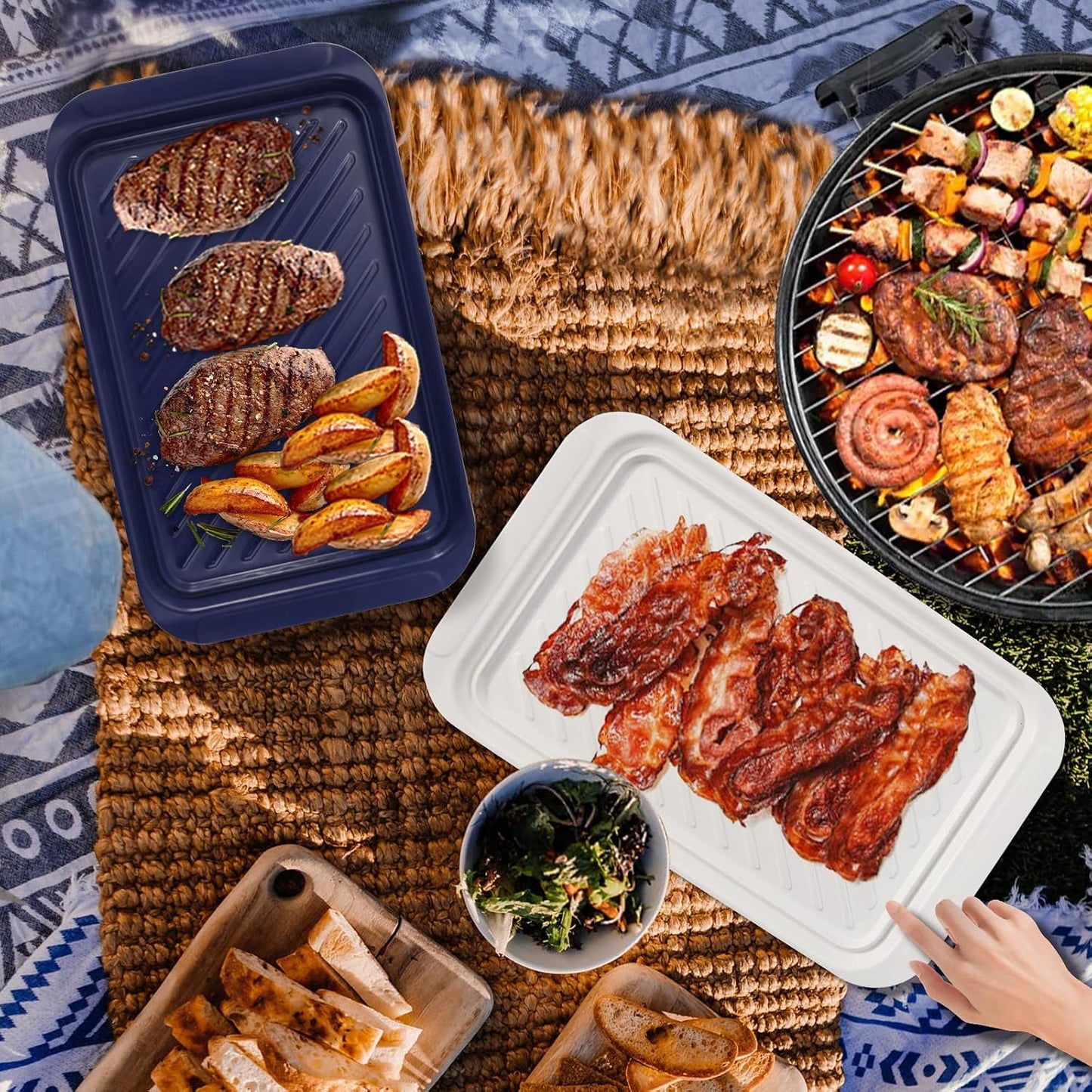 TP Grilling Prep and Serve Trays, 17 x 10.5 inch BBQ Trays for Cooked and Raw Foods, Set of 2 Melamine Serving Platters for Meats, Grill Accessories, Black and Red