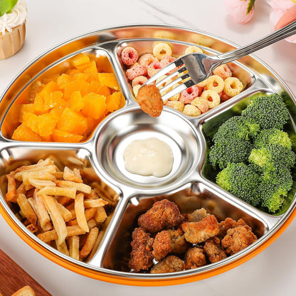 Divided Serving Tray with Lid, Stainless Steel Veggie Tray with Plastic Lid, Reusable Vegetable Platter, Snack Tray, Snackle Box for Party, Easy to Clean (6 Compartments, 60oz)