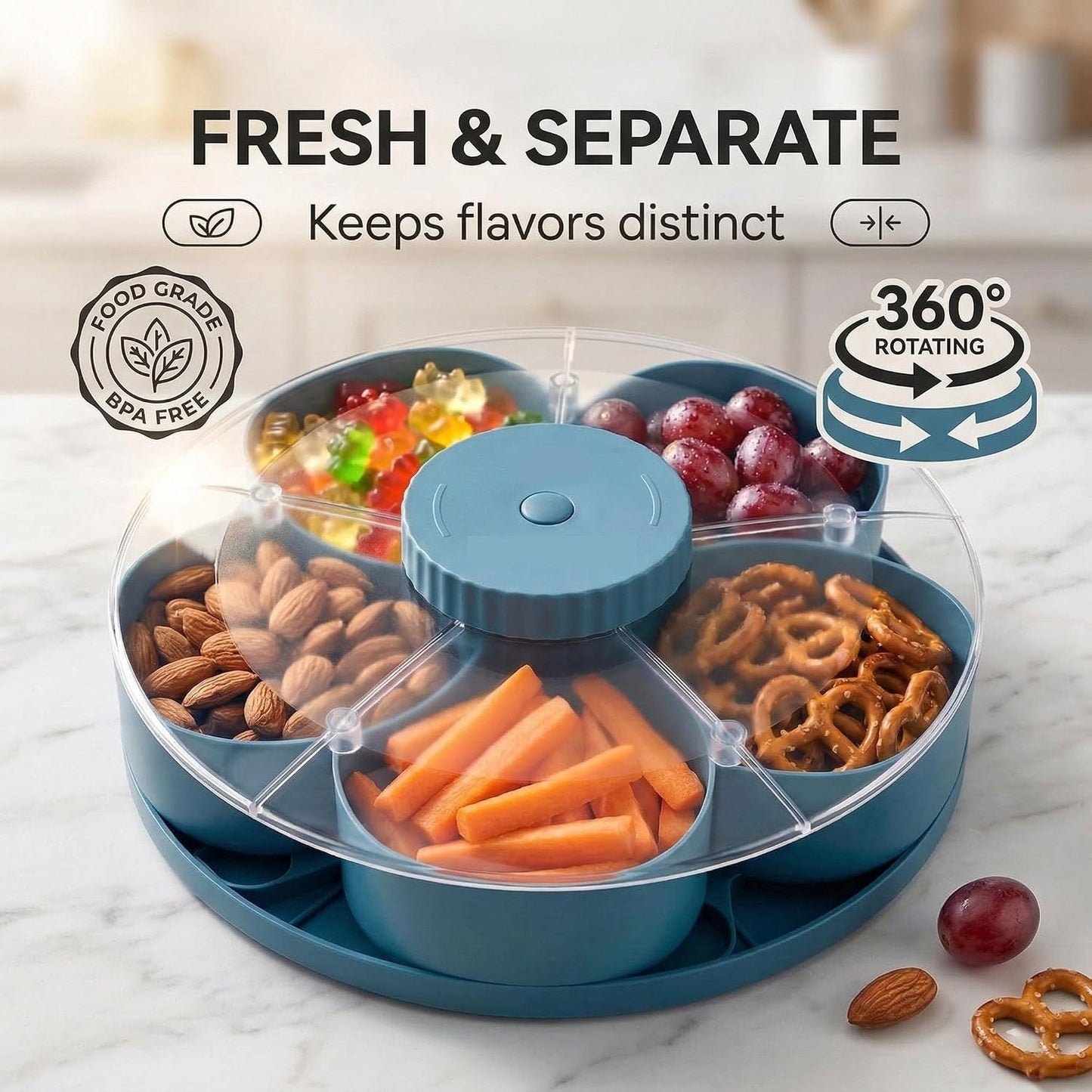 Multi-Compartment Rotating Snack Container with Clear Lid - Dust-Proof Divided Snack Tray for Parties & Picnics, Portable Lazy Susan Food Organizer, Covered Travel Snack Box (Blue)