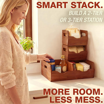HOMESTEAD Stackable Solid Wood Storage Bins for Kitchen Pantry & Countertop, Ventilated Potato and Onion Basket Organizer with Handles, Wooden Produce Storage Containers, 3-Pack, Chestnut Finish