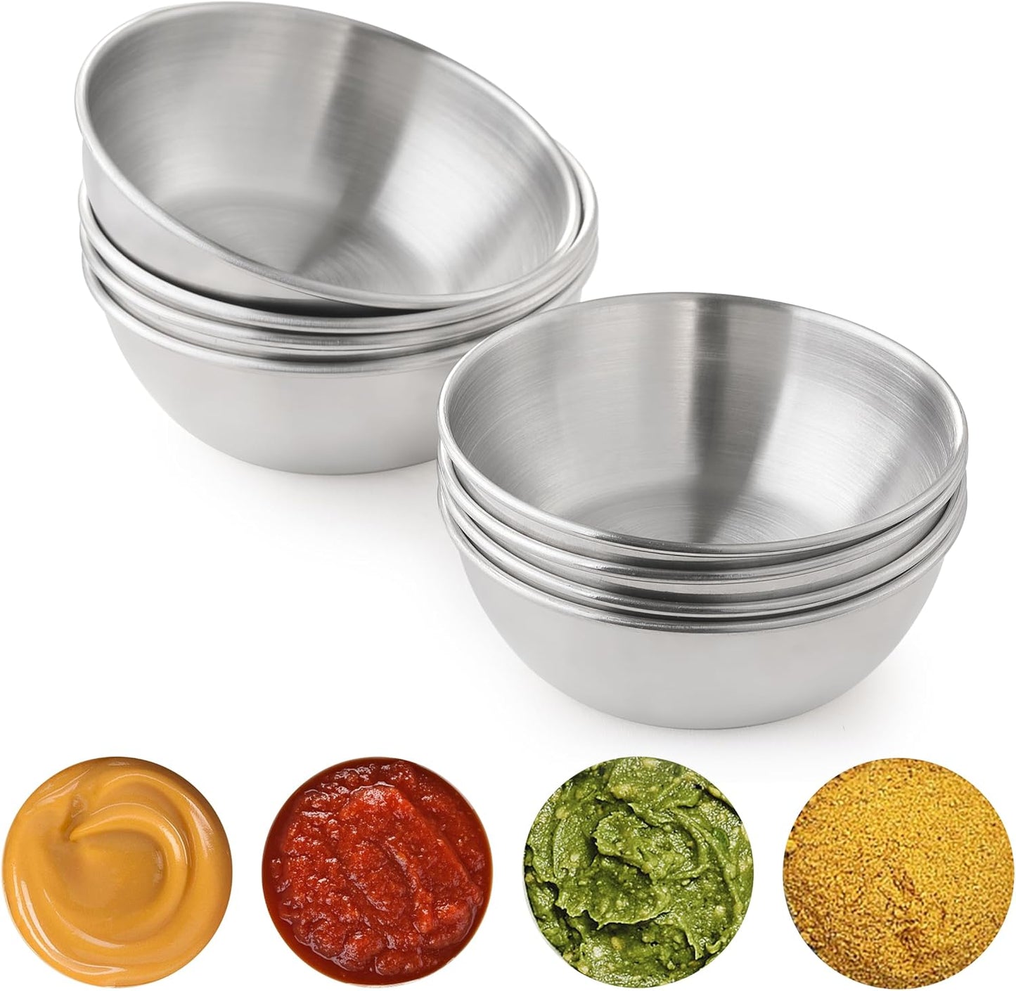 COKUMA 8 PCS Stainless Steel Mini Soy Sauce Dish, Small Individual Round Seasoning Bowls, Dipping Sauce Bowl, Ingredient Bowls for Prep Appetizer Plates, (4PCS 3.5 inch & 4PCS 3.2 inch)