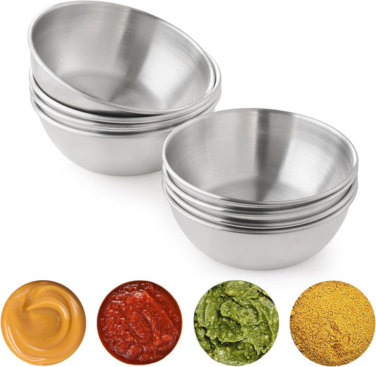 COKUMA 8 PCS Stainless Steel Mini Soy Sauce Dish, Small Individual Round Seasoning Bowls, Dipping Sauce Bowl, Ingredient Bowls for Prep Appetizer Plates, (4PCS 3.5 inch & 4PCS 3.2 inch)