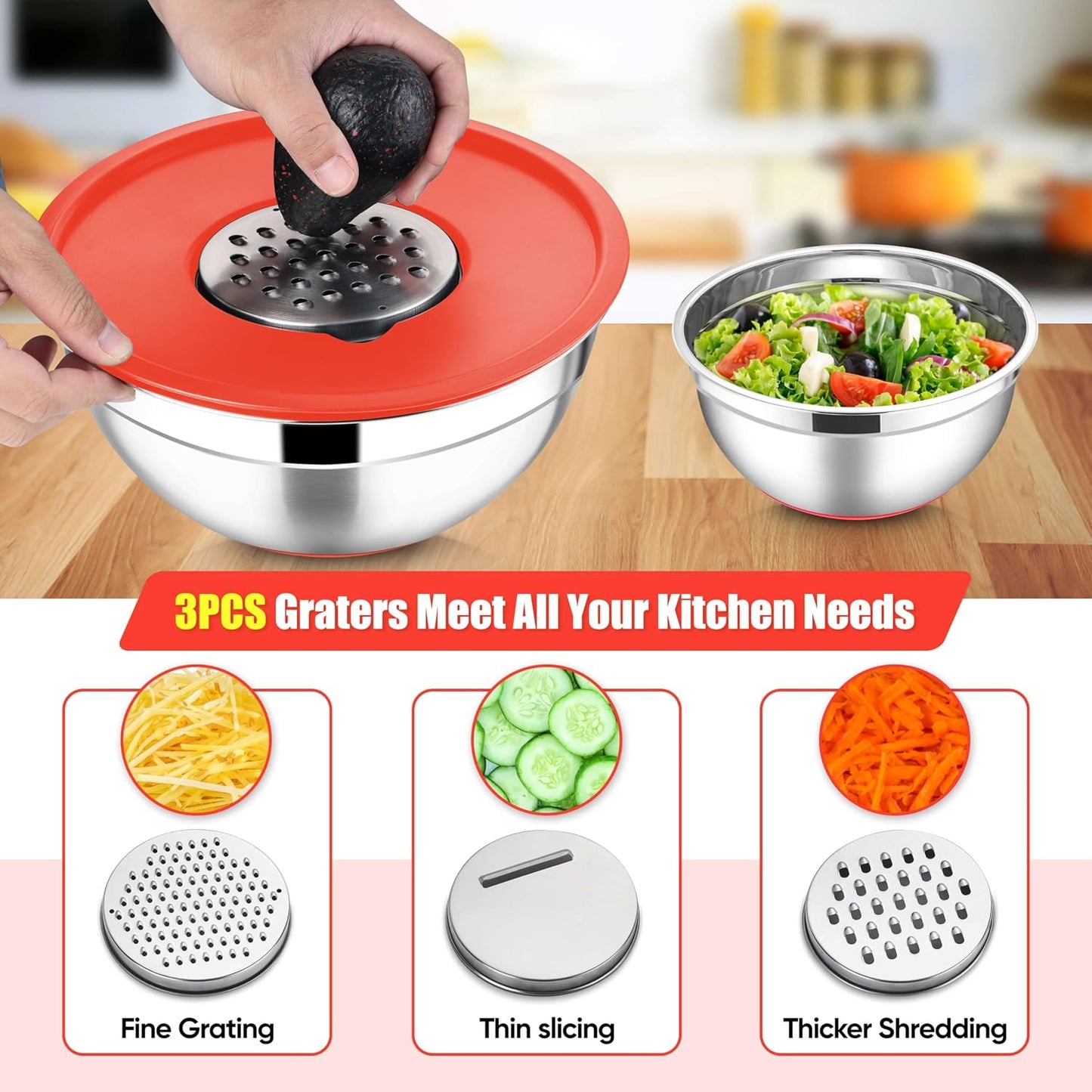 E-far Stainless Steel Mixing Bowls with Lids Set, 5-Piece Nesting Salad Bowls with 3 Grater Attachments and Non-Slip Bottoms, Size 4.6, 2.6, 2, 1.5, 1QT for Kitchen (Khaki)