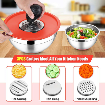 E-far Stainless Steel Mixing Bowls with Lids Set, 5-Piece Nesting Salad Bowls with 3 Grater Attachments and Non-Slip Bottoms, Size 4.6, 2.6, 2, 1.5, 1QT for Kitchen (Khaki)