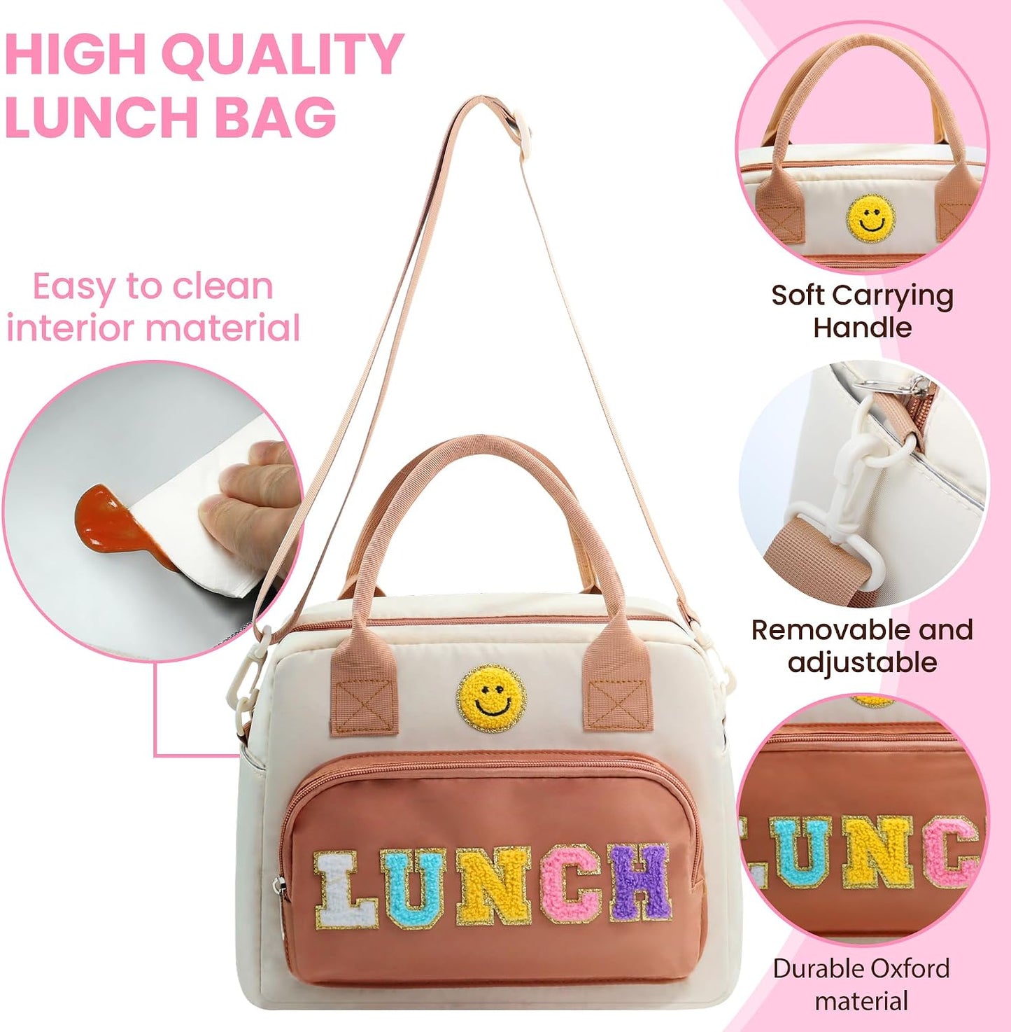 RLGPBON Insulated Lunch Bag Teen Girls, Preppy Lunch Box Large Insulated Lunch Bag Reusable Lunch Tote Bag, Preppy LunchBag for Girls School Travel Picnic