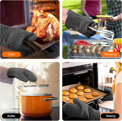 Silicone Oven Mitts, Heat Resistant 2PCS Oven Mitts with Soft Cotton Lining, Waterproof Non-Slip Grip Oven Glove, Kitchen Potholder Mits for BBQ, Baking, Cooking, 12.5 Inch - Grey