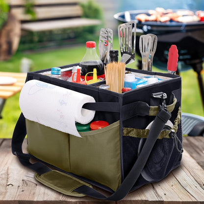 FREECOLSH Black Waterproof Caddy, 16" x 11" x 11", with Detachable Strap and Shoulder Pad for Carrying Utensils and Camping Supplies
