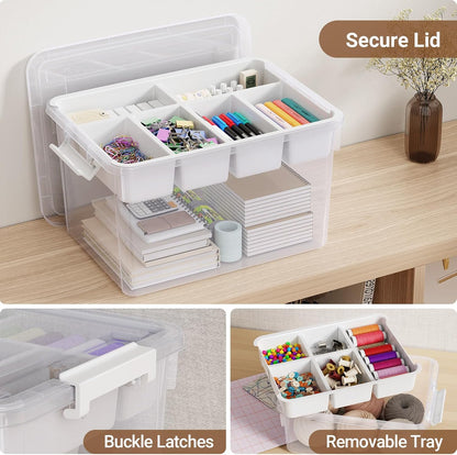 40Qt Stackable Storage Bins with Lids & Trays, Clear Plastic Latching Boxes Organizers with Dividers Portable 10Gal Containers for Arts & Crafts, Home and Car Trunk Organization, 2Pack
