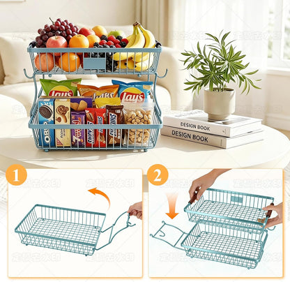2-Tier Stackable Wire Basket with 2 Banana Hooks, Pantry Organizer for Kitchen Countertops, Cabinets & Under-Sink Spaces; Ideal for Storing Snacks, Fruits, Veggies, Onions, Potatoes, & More,Black