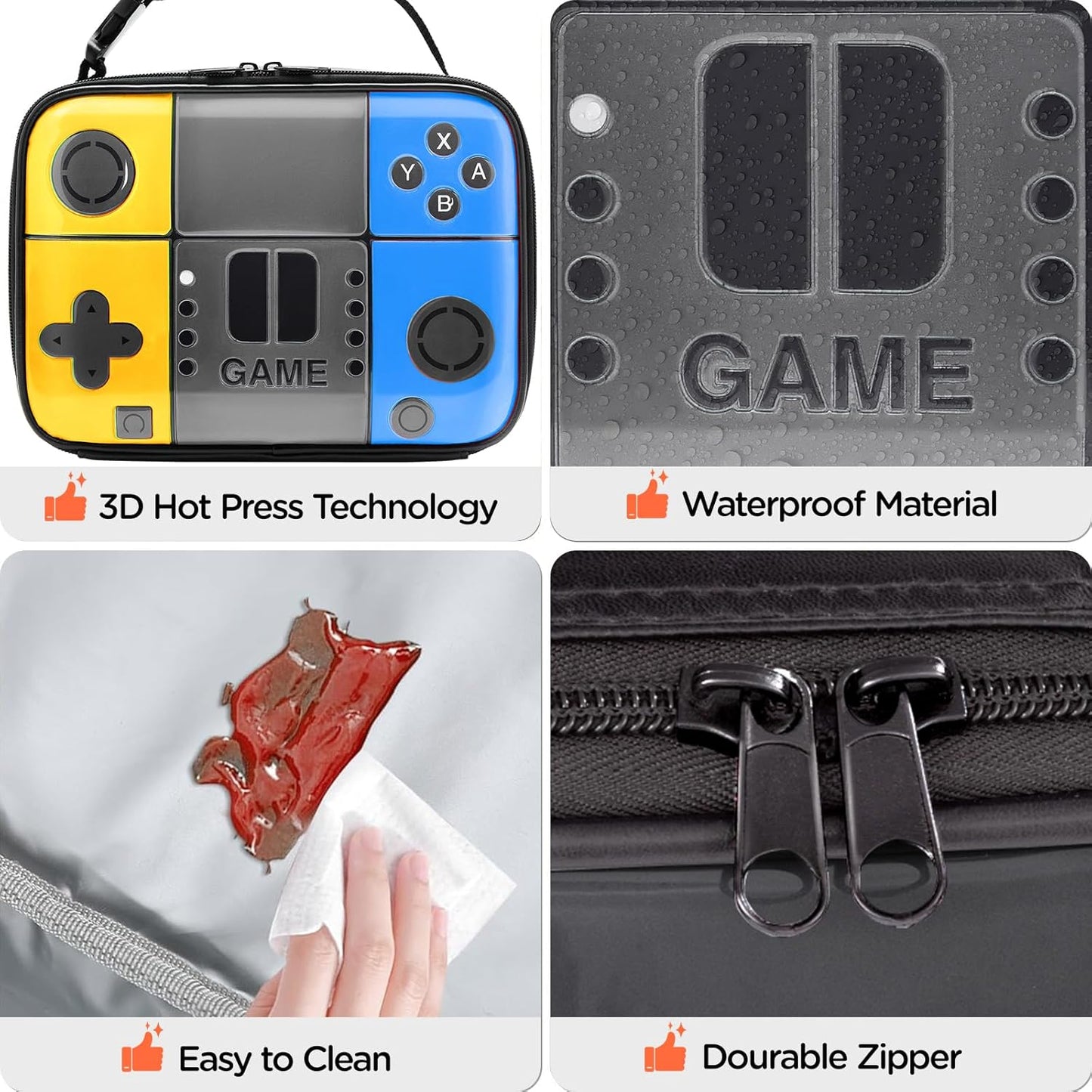 Kids Gamer Lunch Box for Boys, Game Console Insulated Lunch Bag, PU Leather Waterproof Lunchbox with Mesh Pocket, Durable Leakproof Lunch Tote Fits Bento Box for School