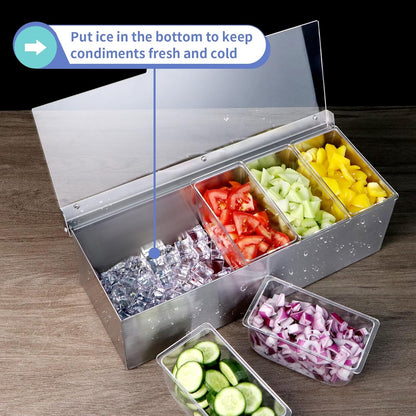 MOLIGOU Chilled Condiment Server, Stainless Steel Chilled Condiment Tray with Lid, Ice Fruit Serving Containers with 5 Removable Compartments
