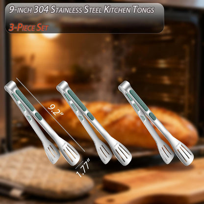 Stainless Steel Kitchen Tong Set - Anti-Slip Heat-Resistant Grip, Widened 3-Line Slotted Heads for Easy Clamping (Steaks, BBQ, Pasta, Salads), Easy Clean for Versatile Use Set of 3-6", Silver