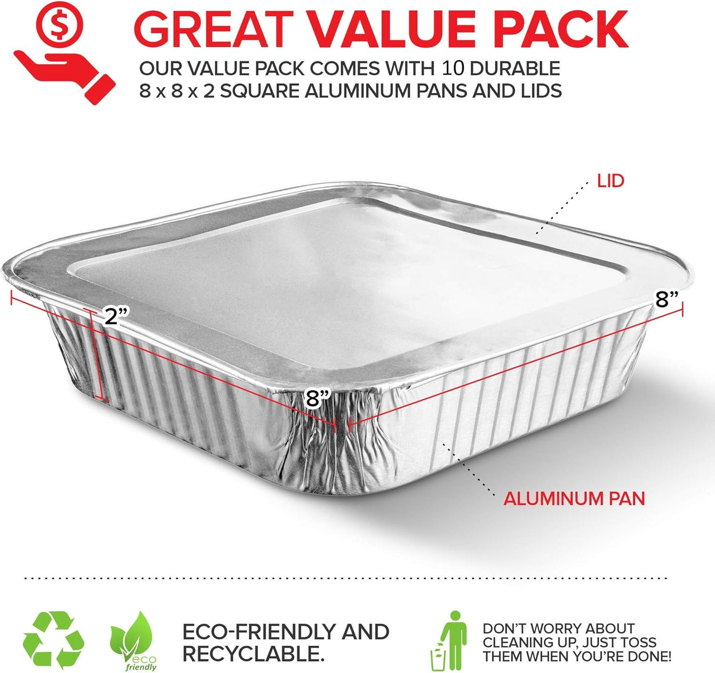 Stock Your Home Aluminum Pans 8x8 Disposable Foil Pans (20 Pack) - 8 Inch Square Pans - Tin Foil Pans Great for Cooking, Heating, Storing, Prepping Food