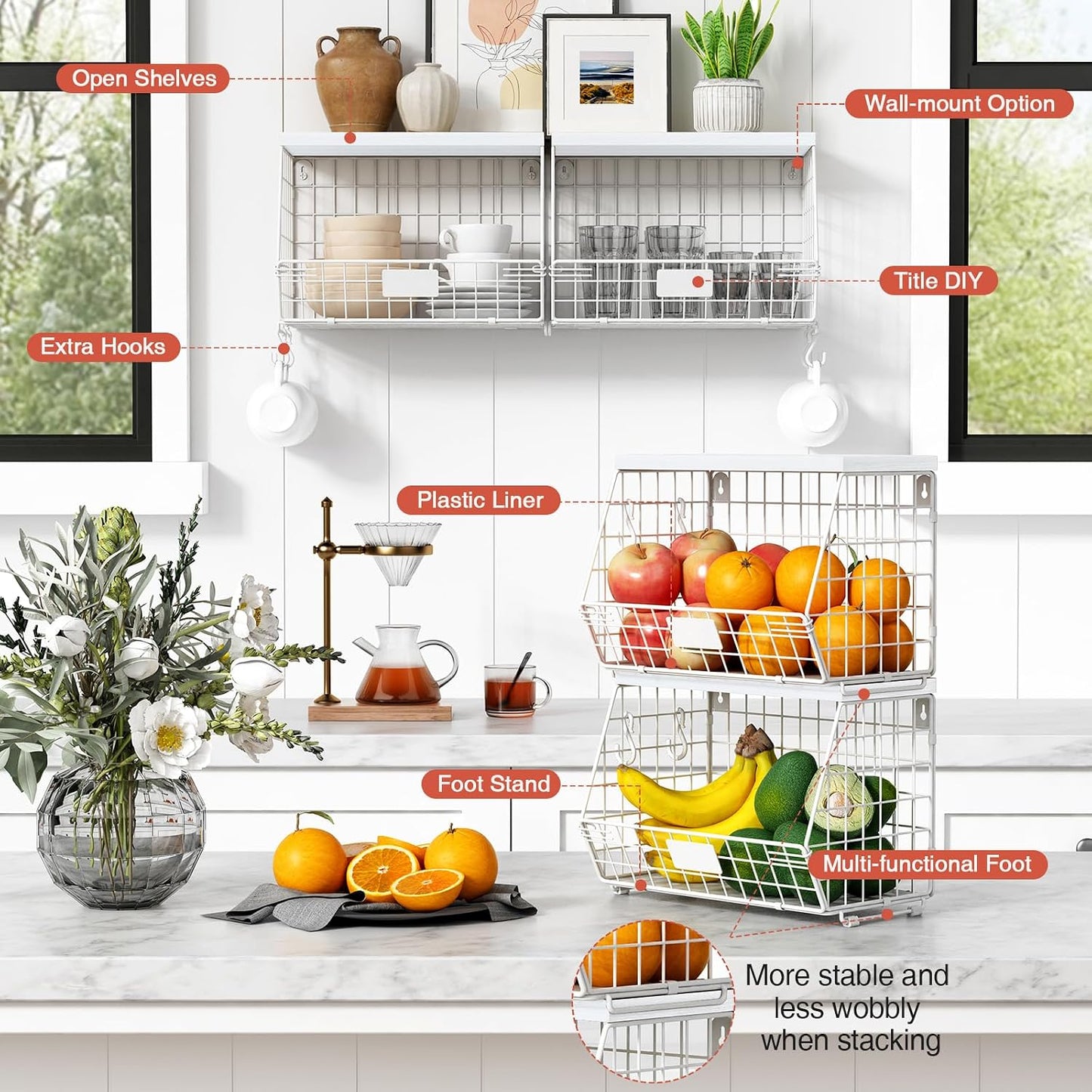 Goozii Hanging Wall Fruit Basket for Kitchen Counter 2 Pack, Stackable Wire Baskets for Organizing with Wood Lid, Potato and Onion Storage Bin with Banana Hook for Vegetable Produce, Black + Rustic