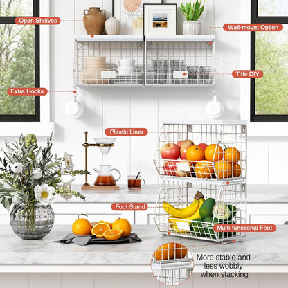 Goozii Hanging Wall Fruit Basket for Kitchen Counter 2 Pack, Stackable Wire Baskets for Organizing with Wood Lid, Potato and Onion Storage Bin with Banana Hook for Vegetable Produce, Black + Rustic
