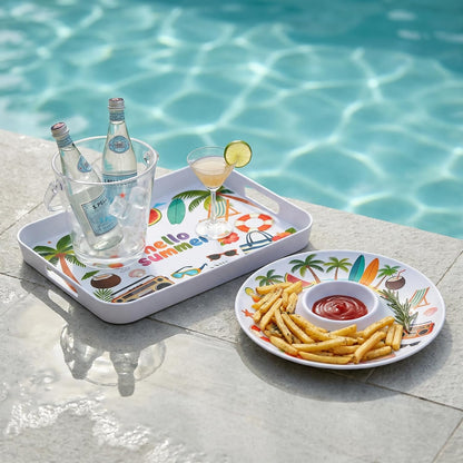 2 Pcs Serving Tray - 16'' Melamine Rectangle Tray with Handle and 13'' Chip and Dip Set of 2，Extra-Large Melamine Serving Platter for Eating, Appetizer, Snack, Fruit, Desserts，Happy Summer