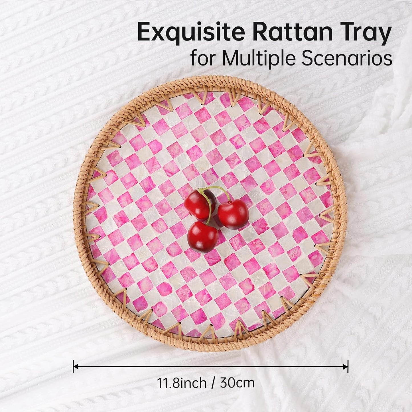 Round Rattan Tray with Mother of Pearl Inlay, Rattan Serving Tray for Coffee, Bread, Fruits, Decorative Wicker Tray for Table Decor, Home Decor, Kitchen Island Decor(Black Checkerboard, 11.8")