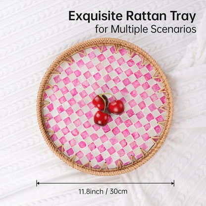 Round Rattan Tray with Mother of Pearl Inlay, Rattan Serving Tray for Coffee, Bread, Fruits, Decorative Wicker Tray for Table Decor, Home Decor, Kitchen Island Decor(Black Checkerboard, 11.8")