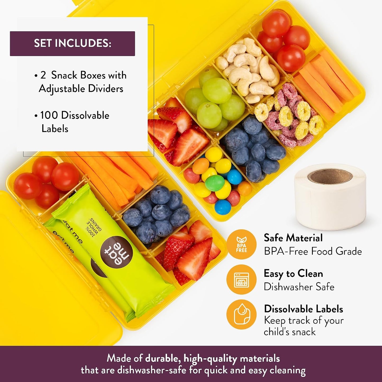 Large Kids Snack Box Containers Set of 2 -100 Labels, BPA-Free, Adjustable Compartments, Dishwasher Safe, Reusable Tray, Food Grade, Meal Prep Container, PARENT TESTED PARENT APPROVED AWARD (Clear)