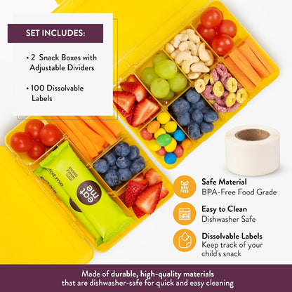 Large Kids Snack Box Containers Set of 2 -100 Labels, BPA-Free, Adjustable Compartments, Dishwasher Safe, Reusable Tray, Food Grade, Meal Prep Container, PARENT TESTED PARENT APPROVED AWARD (Clear)