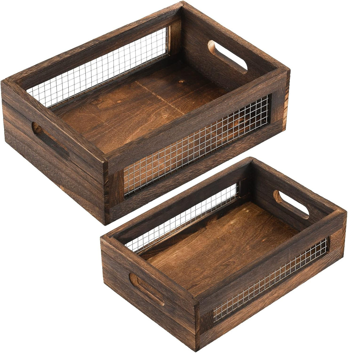 Dicunoy Set of 2 Rustic Nesting Boxes, Wooden Organizer Crates Basket, Small Decorative Wood Wire Containers with Handle for Countertop, Fruit, Veggies, Kitchen, Bathroom, Pantry Storage, Gift Basket