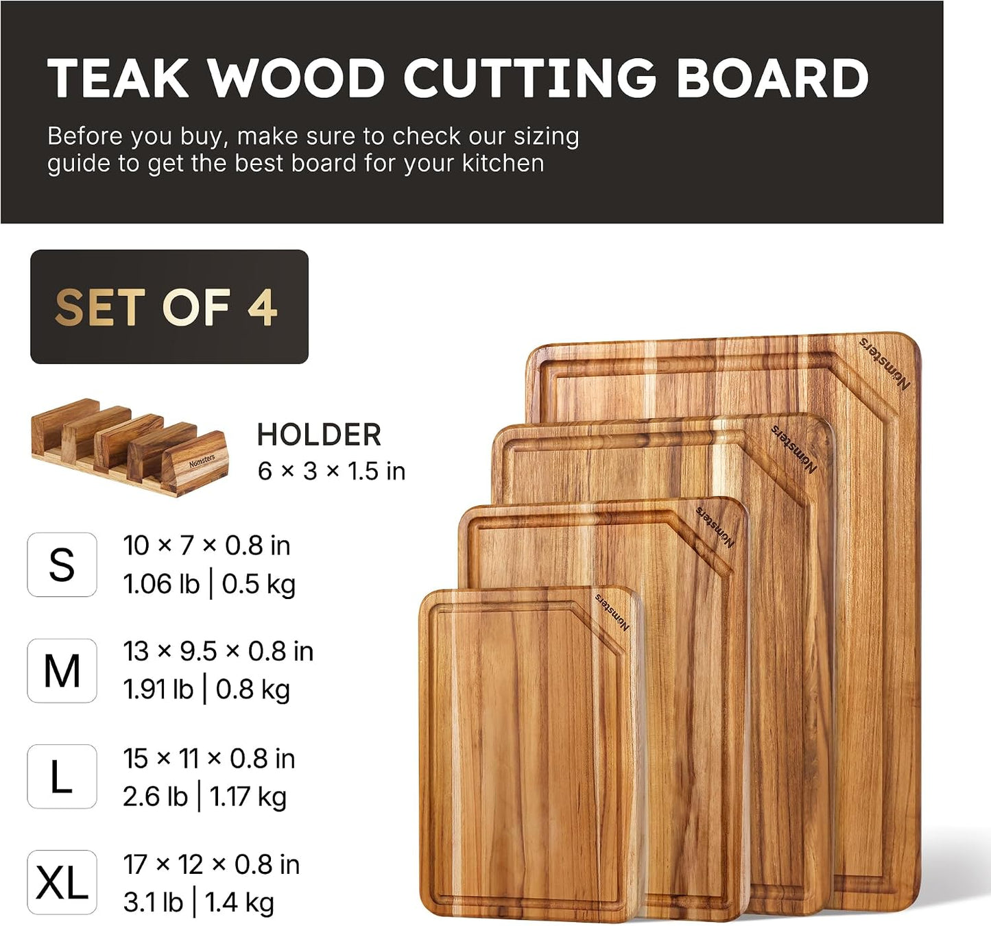 3 Pack Teak Wood Cutting Board Set with Holder Non Slip Over Sink Wooden Chopping Board for Fresh Meat Vegetable Thick Haus Perfect for Charcuterie Juice Groove Kitchen Accessories - FSC Certified