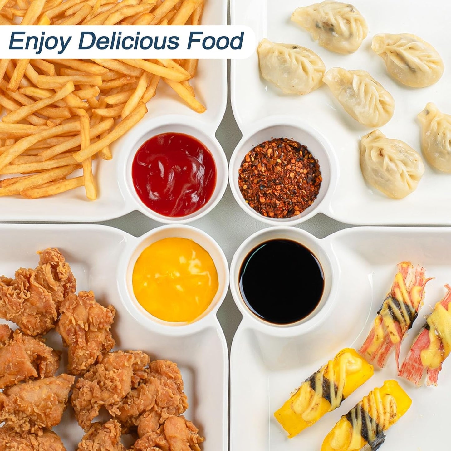 Chip and Dip Serving Platter Set of 4-8 Inch Ceramic Divided Plates with Sauce Compartment, Food-Safe Snack Plate for Dumpling, Sushi, Appetizer, Taco - White