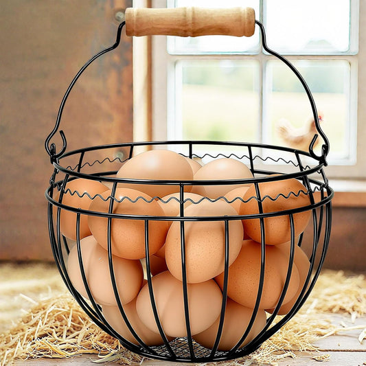 Wire Egg Basket for Gathering Fresh Eggs with Foldable Wooden Handle, Vintage Farmhouse Chicken Egg Collecting Basket for Countertop Kitchen, Holds Up to 24 Eggs, Easter & Christmas Decor