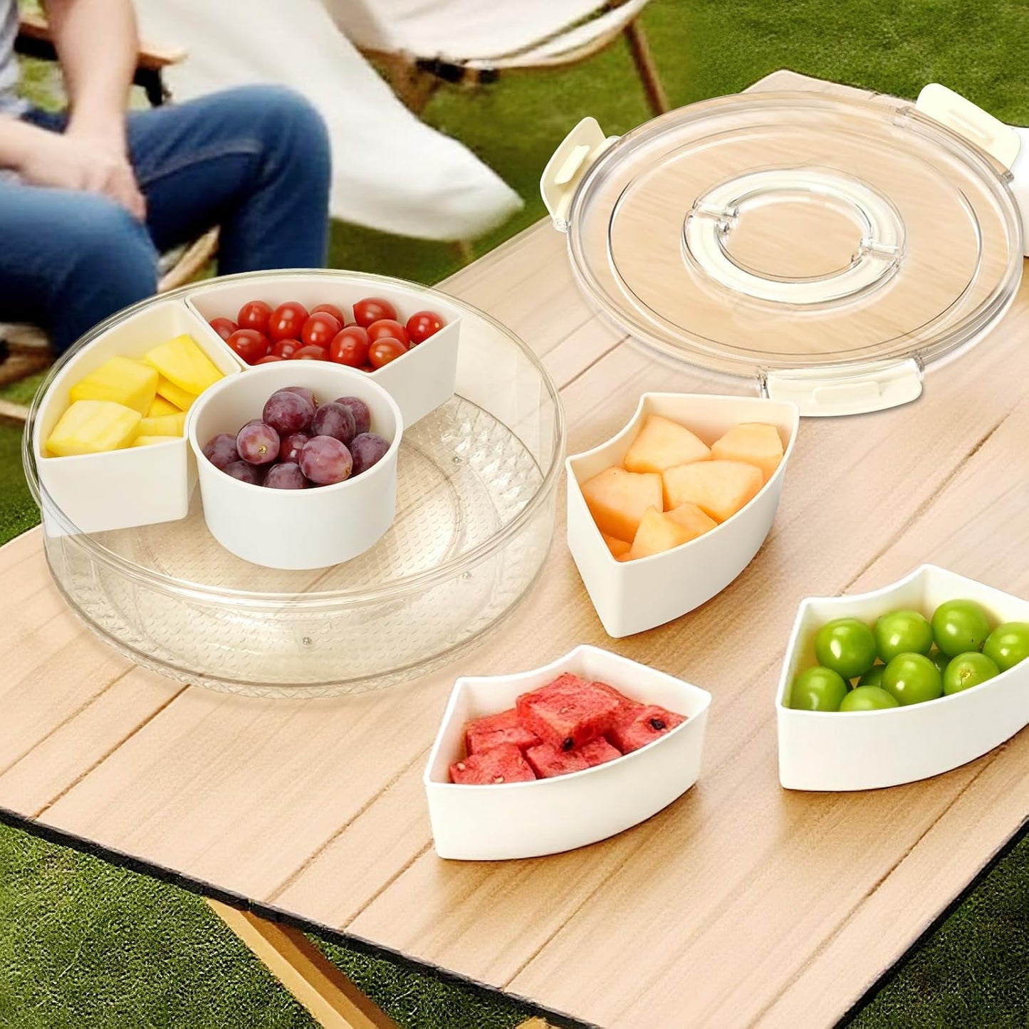 Dayacoco Rotating Divided Serving Tray with Lid and Handle, Snack Tray with Lid for Fruits Snacks Veggie Charcuterie Cheese – Portable for Picnic Travel Party Camping(1PCS, 9" L)