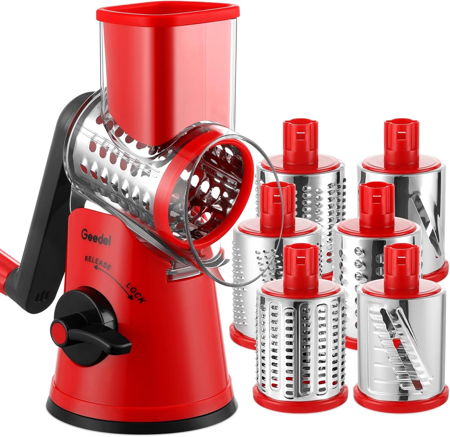 Geedel Rotary Cheese Grater, Kitchen Mandoline Vegetable Slicer with 3 Interchangeable Blades, Easy to Clean Rotary Grater Slicer for Cheese, Vegetables, Nuts