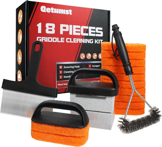 Upgraded Griddle Cleaning Kit for Blackstone, Flat Top Grill Cleaner Set with Grill Stone, Griddle Scraper, Scouring Pads and Handles, BBQ Accessories Tools Set for Deep Cleaning (19 PCS)
