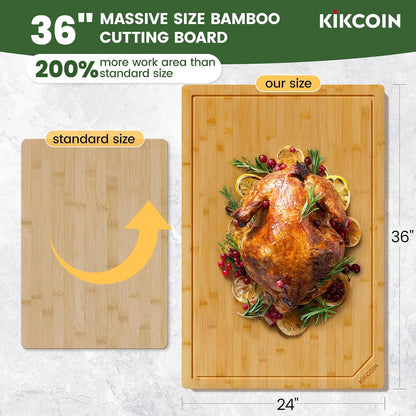 Kikcoin 17"×11" Bamboo Cutting Boards for Kitchen, Knife-Friendly Food Grade Wooden Cutting Boards for Kitchen, Charcuterie, Extra Large Chopping Boards with Deep Juice Groove, Reversible, Natural