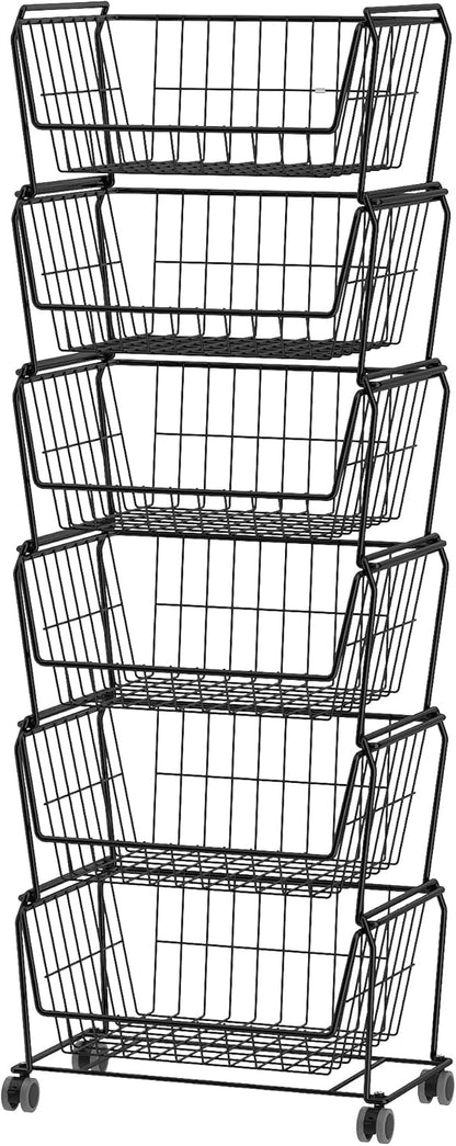 PUSDON 4-Tier Spacious Stackable Wire Storage Baskets with Wheels, Metal Rolling Utility Cart Organizer, Fruit and Vegetable Produce Basket for Kitchen Pantry, Everyday Bathroom Shelf, Silver Grey