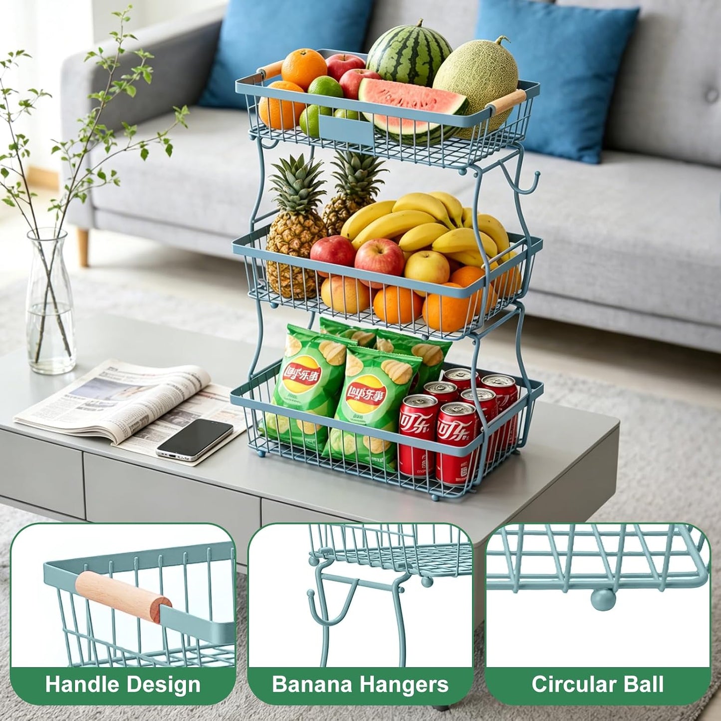 Fruit Basket Bowl 2 Tier Detachable with 2 Banana Hangers, Fruit Stand Holder for Kitchen Countertop, Metal Wire Vegetable Storage Organizer, for Bread Snack Veggies Produce, Black