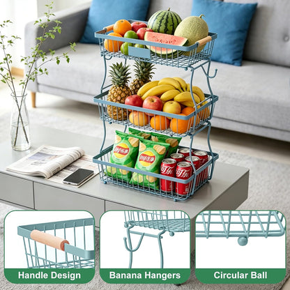 Fruit Basket Bowl 2 Tier Detachable with 2 Banana Hangers, Fruit Stand Holder for Kitchen Countertop, Metal Wire Vegetable Storage Organizer, for Bread Snack Veggies Produce, Black