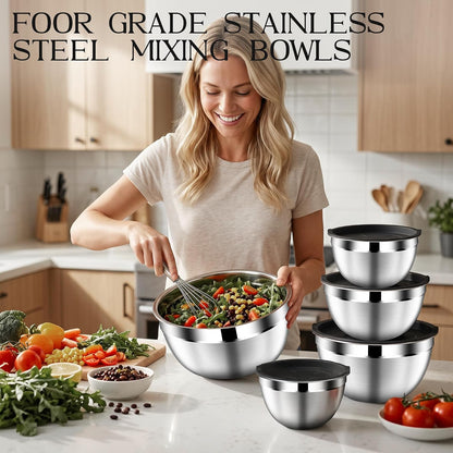 DUTZUN Mixing Bowls with Lids Set - 16pcs Stainless Steel Mixing Bowl Set with Colander, 3 Grater Attachments, Non-Slip Bottom, Metal Nesting Bowls with Strainer for Mixing & Serving - Black