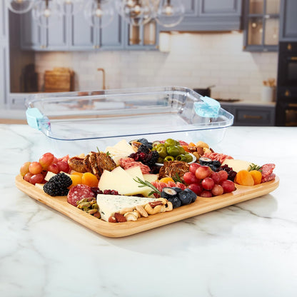 Farberware Build-A-Board Bamboo Cutting Board with Built-In Compartments & Clear Locking Lid, Black Handles, Charcuterie, Snack Tray, Food Prep and Serving Platter