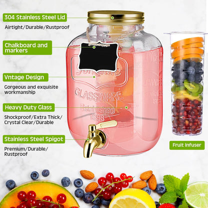 Lallisa 3 Pcs 2.5 Gallon Beverage Dispensers for Parties Glass Drink Water Dispenser with Stand Stainless Steel Leakproof Spigot Ice Cylinder Hanging Chalkboard Signs Pen(Silver)