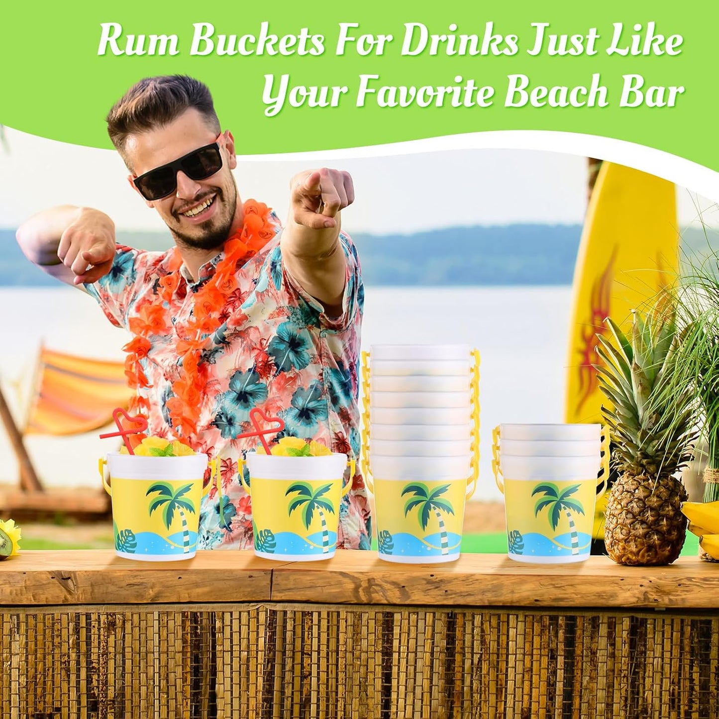 20 Pcs 32 oz Plastic Cocktail Rum Buckets with Handles for Drinks with 100 Colorful Straws Reusable Portable Drink Buckets for Beach Summer Bar Parties