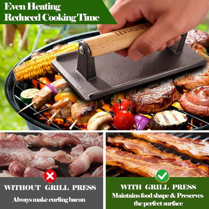 2.1lb Steak Weight & Burger Press, Grid Base, 7"X4" Rectangle Heavy Duty Cast Iron Grill Press with Wood Handle for Blackstone, Chef, Camp, Panini, Vegetable, Bacon, Sandwich, BBQ