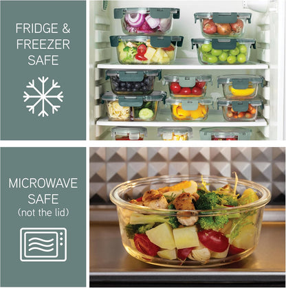 COOK WITH COLOR Premium 32-Pc. Borosilicate Glass Food Container Set with Dividers - 4 Rectangles, 8 Rounds, 4 Squares - Leakproof Lids - Meal Prep, Storage, Fluted Ombre Green