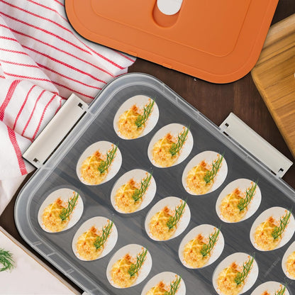 BTSKY Deviled Egg Platter with Lid, 3-Layer 54 Slots Deviled Eggs Carrier, Clear Portable Egg Holder for Fridge Reusable Deviled Eggs Tray Carton Box for Easter and Party Favor (3-Layer, Orange)