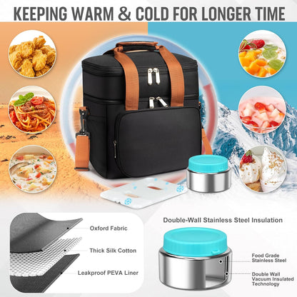 Adult Lunch Box Insulated Leak Proof Meal Prep Kit with 4-Compartment, Kids Soup Thermos for Hot & Cold Food, Lunch Box Containers for Men Women, Lunch Cooler Bag with Ice Pack for Work (Blue)
